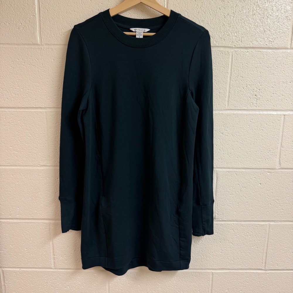 Athleta Womens Coaster Luxe Sweatshirt Dress S Teal Green Tencel Fleece Pockets